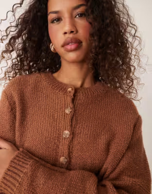 Miss Selfridge crew neck textured knit cardigan in chocolate | ASOS (Global)