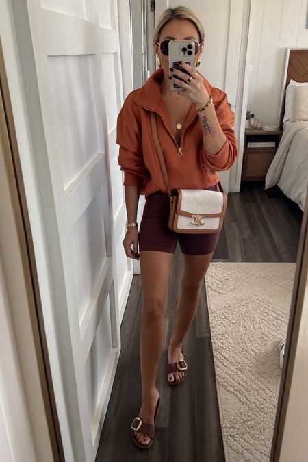Ready for fall- these colors are beautiful! Wearing a small sweater, 4 inch xs biker shorts. Celine crossbody. 

#LTKSeasonal #LTKstyletip #LTKfindsunder50