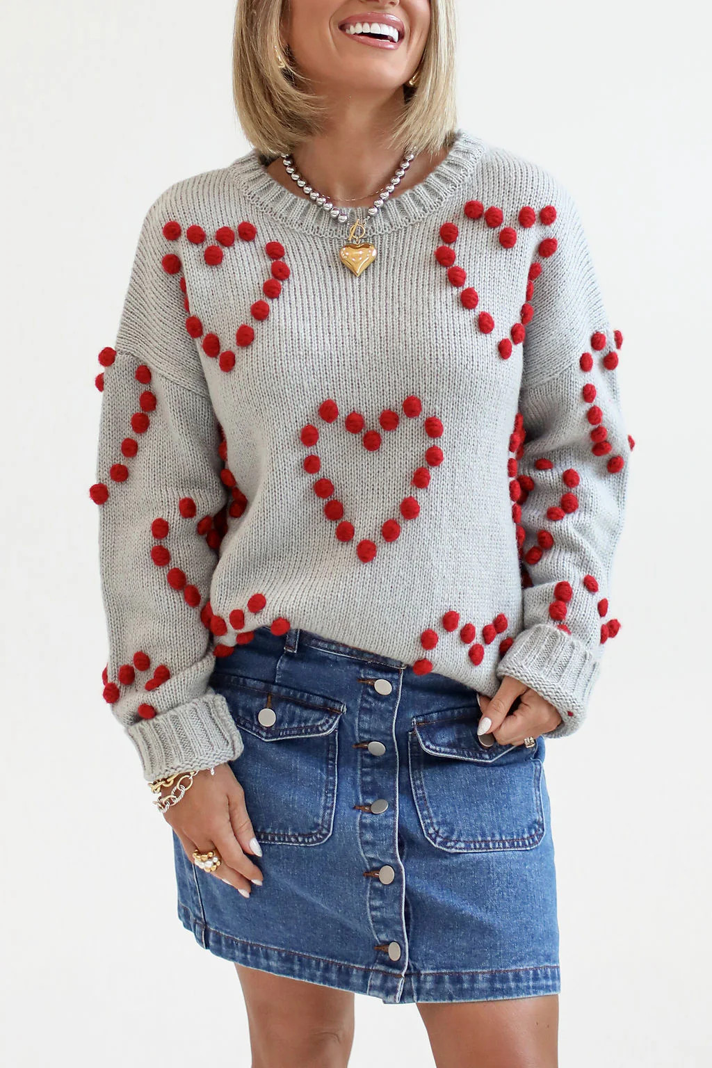 Adore You Grey and Red Oversized Heart Pom Sweater Kalee Rogers X Pink | Pink Lily