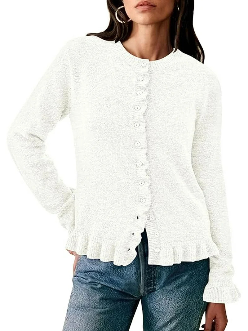 PRETTYGARDEN Womens Fall Button Down Cardigans Chunky Knit Ruffle Open Front Cropped Cardigan Swe... | Walmart (US)