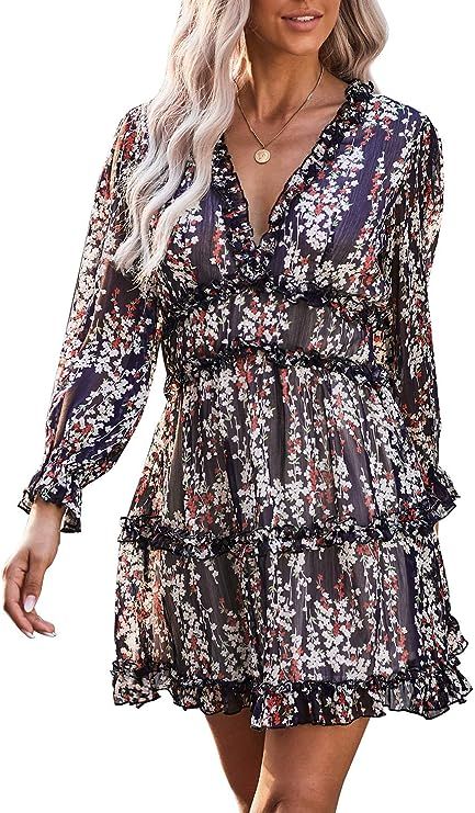 Dokotoo Womens Spring Summer Deep V Neck Ruffle Long Sleeve Floral Print Mini Dress | Amazon (US)