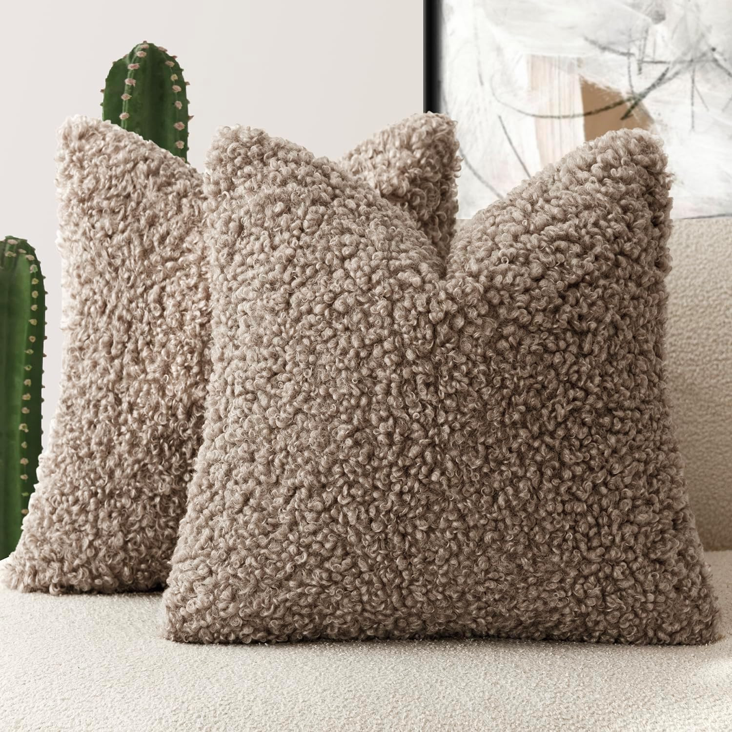 Foindtower Decorative Fuzzy Faux Fur Throw Pillow Covers 18x18 Inch Khaki | Amazon (US)