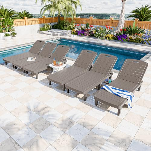 SENYUN Outdoor Chaise Lounge Set of 6, 5-Position Adjustable Sun Lounge w/Pull-Out Tray, Waterproof PP Lounge Chairs for Outside, Lounge Chairs for Poolside, Patio, Beach, Yard in All Weather,Taupe | Amazon (US)