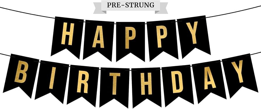 Pre-Strung Happy Birthday Banner - Black Birthday Banner with Gold Letters | Amazon (US)
