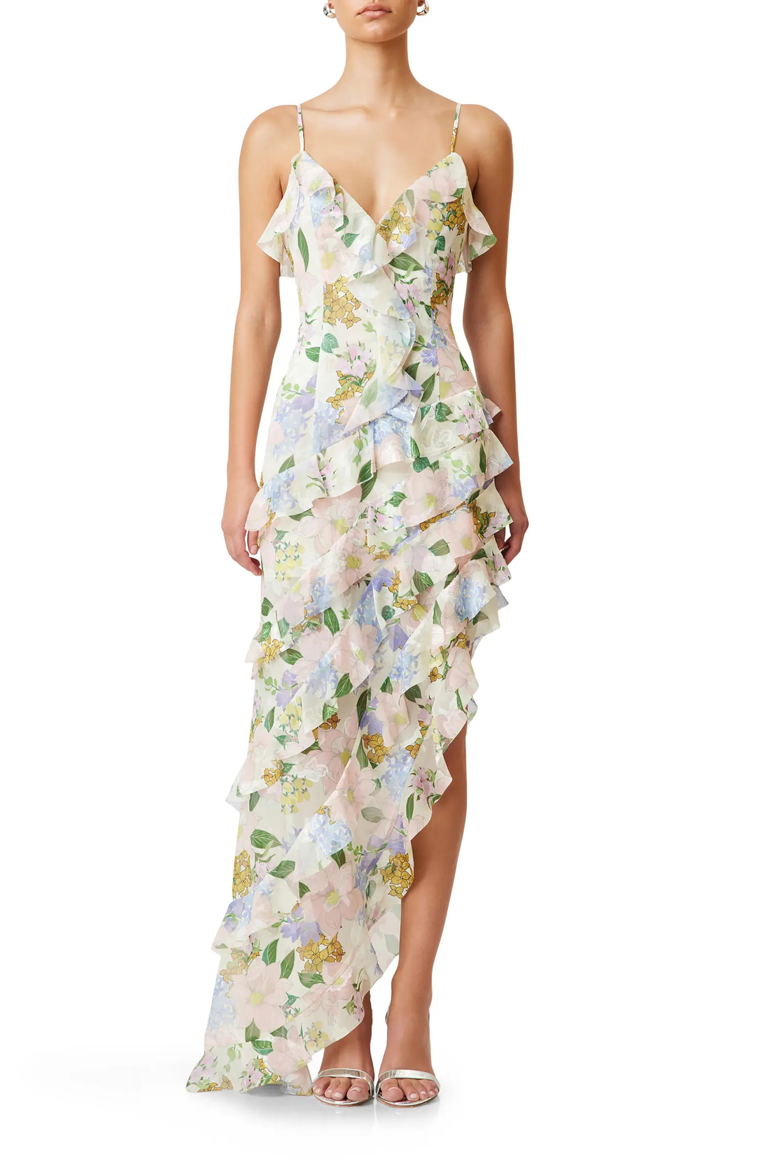 Wilhelmina Floral Print Ruffle Chiffon Maxi Dress | Nordstrom