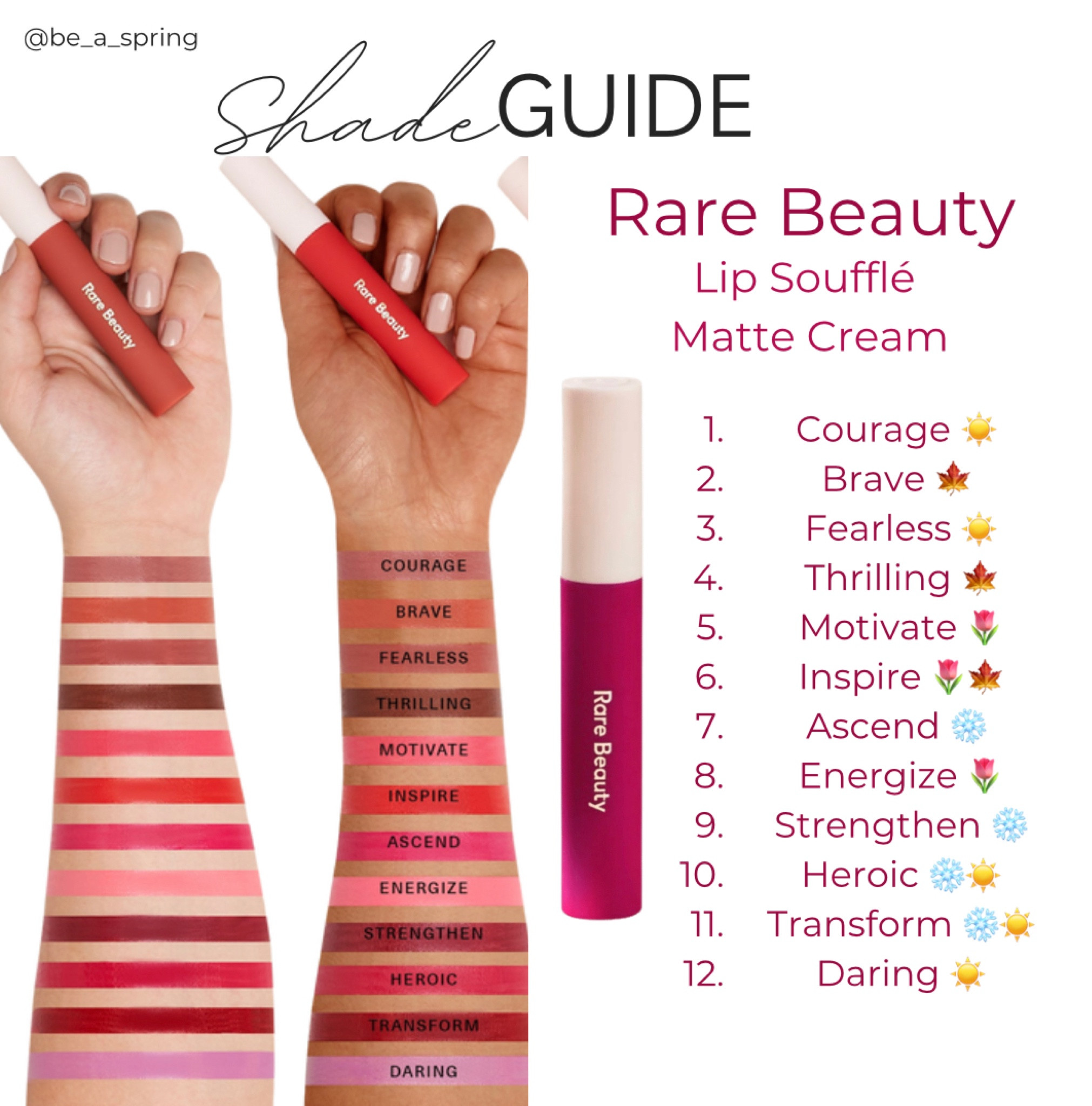 Rare Beauty Lip Soufflé Matte Cream by season

#hocspring
#hocautumn
#hocsummer
#hocwinter


**colors have not been verified in person**

#LTKunder50 #LTKbeauty #LTKSeasonal