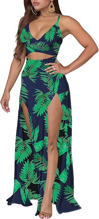 2 Piece Sets for Women Summer Sexy Double High Split Maxi Dresses Skirt Set Beach Swimwear Cover ... | Amazon (US)