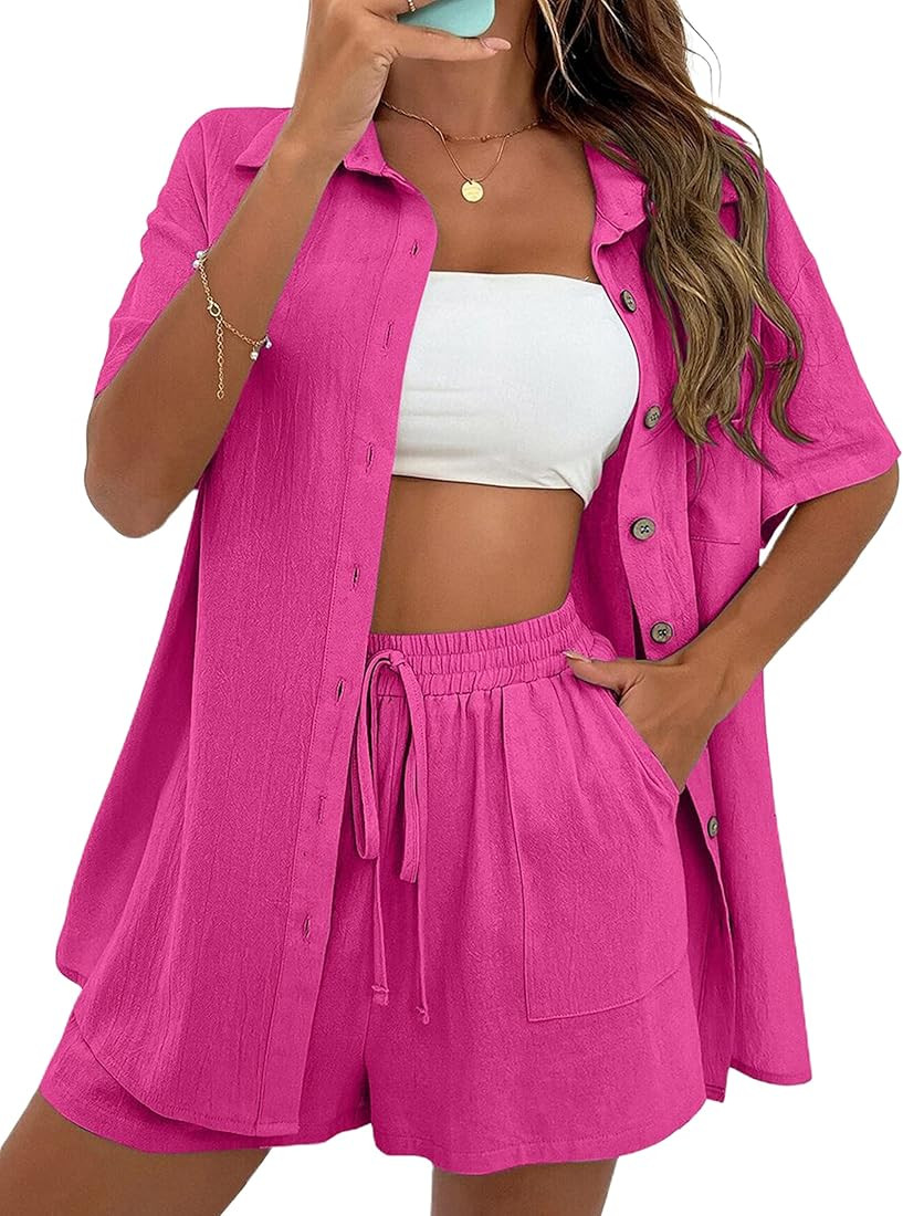 APAFES Women Summer Cotton Linen Short Sets 2 Piece Shorts Top Lounge Beach Vacation Two Piece Ou... | Amazon (US)