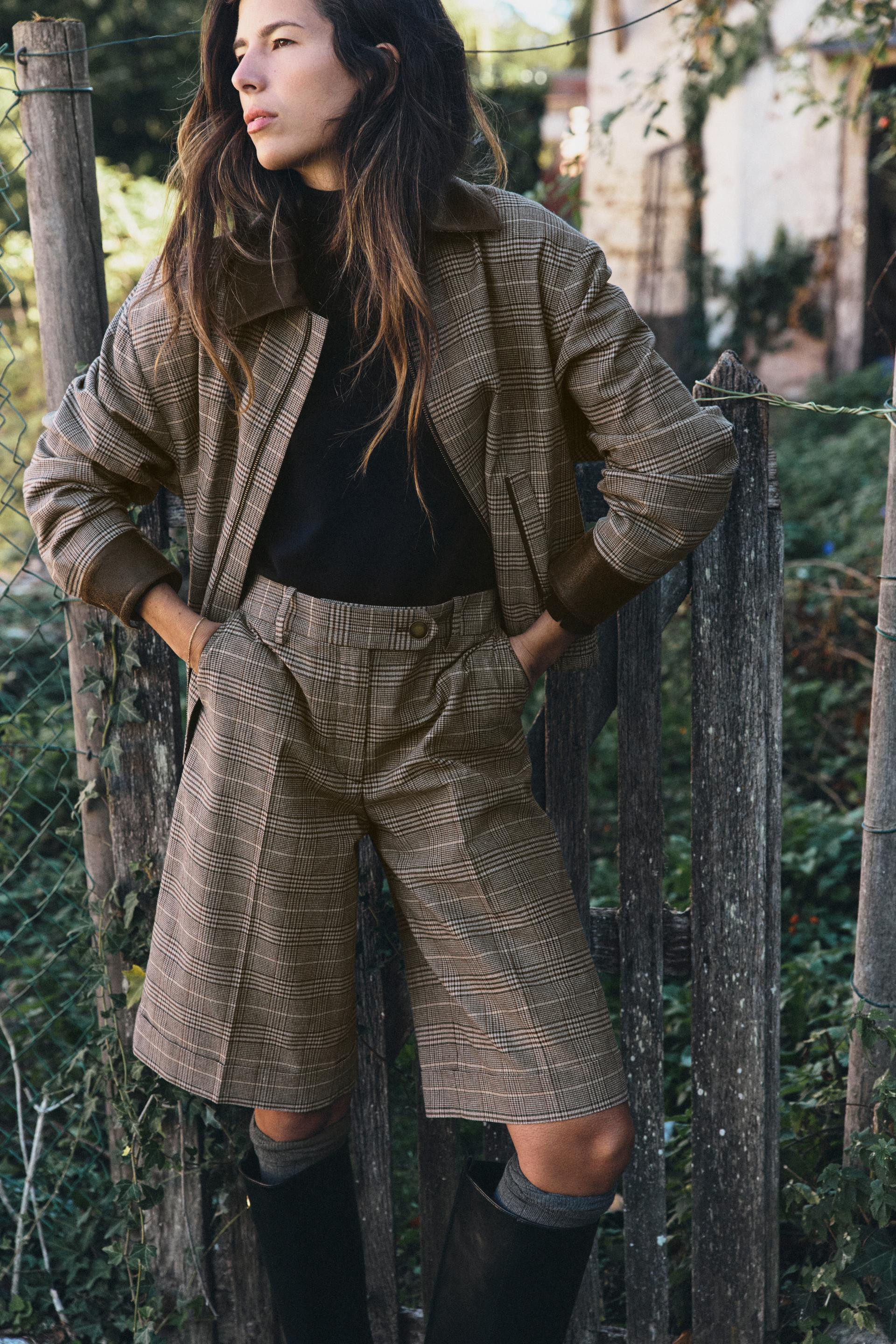 Zara - Houndstooth Mixed Bomber Jacket - Brown-Blue - M - Woman | Zara Canada
