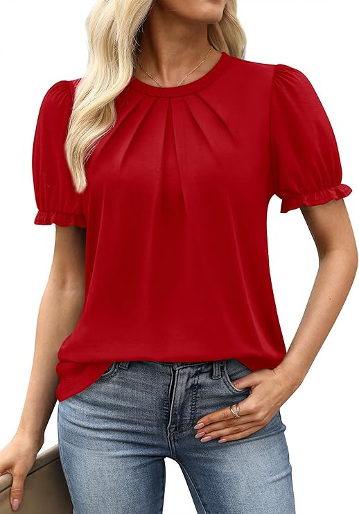 OFEEFAN Womens Tops Dressy Casual Blouses Short Puff Sleeve Tops Pleated Front Crew Neck Shirts S... | Amazon (US)