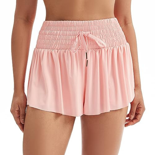Flowy Athletic Shorts for Women High Waisted Gym Yoga Workout Running Butterfly Tennis Sports Active Wear Skorts Skirts with Pockets Spandex Sweat Pants Cute Lounge Trendy Clothes Summer Light Pink L | Amazon (US)