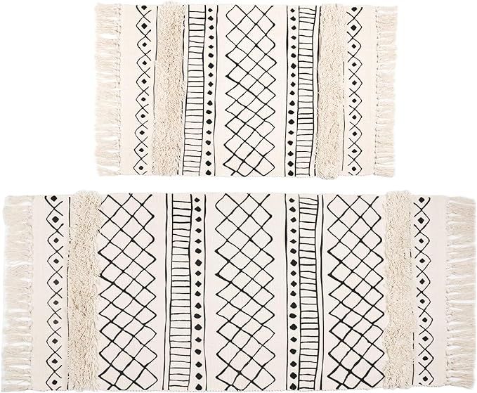 SHACOS Tufted Cotton Area Rugs Set of 2 Hand Woven Cotton Rug Runner Boho Rug with Tassels for Be... | Amazon (US)