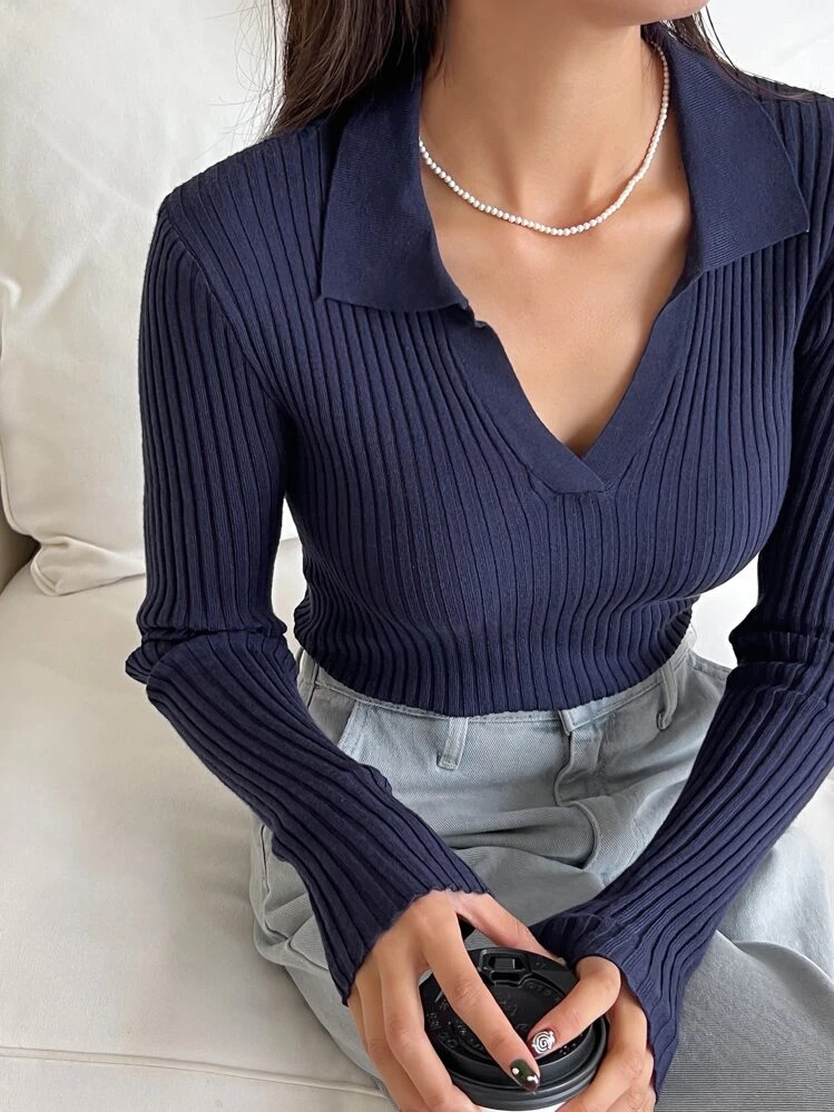 DAZY Solid Color Casual Collared Slim-Fit Sweater, Autumn/Winter,Ladies Spring/Fall Casual Long S... | SHEIN