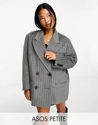 ASOS DESIGN Petite strong shoulder grandad jacket in grey pinstripe | ASOS (Global)