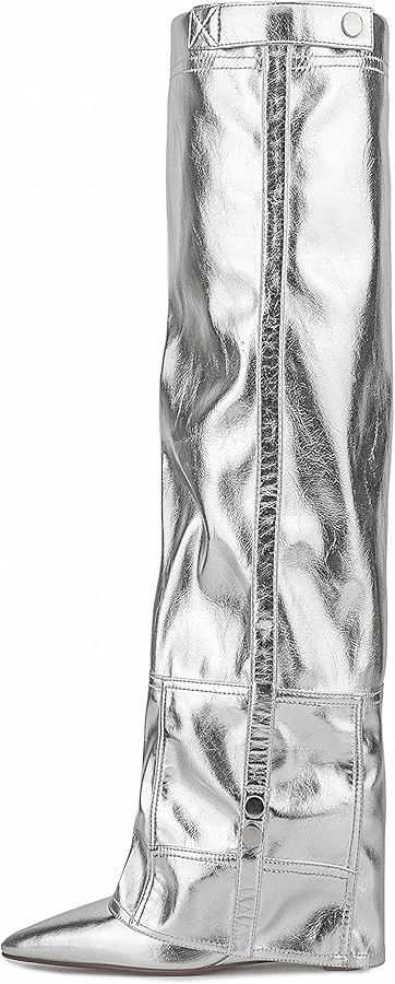 Atuelang Women's Metallic Silver Boots Knee High Fold Over Wedge Heels Pointed Toe Pull-On Tall B... | Amazon (US)