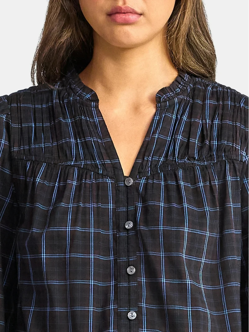 Time and Tru Women's Ruched Yoke Blouse with Long Sleeves, Sizes XS-XXXL | Walmart (US)