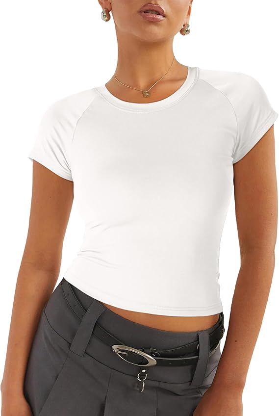 DittyandVibe Womens Crew Neck Crop Tops Raglan Short Sleeve T-Shirts Slim Fit Y2K Basic Tee Shirt... | Amazon (US)