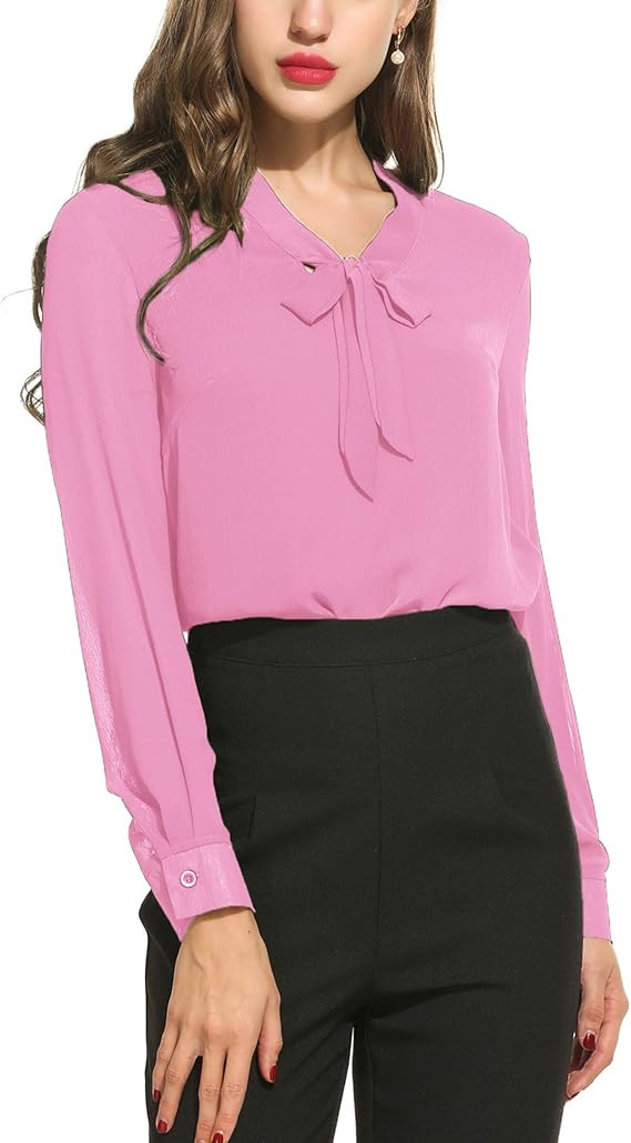 ACEVOG Womens Bow Tie Neck Long/Short Sleeve Casual Office Work Chiffon Blouse Shirts Tops | Amazon (US)