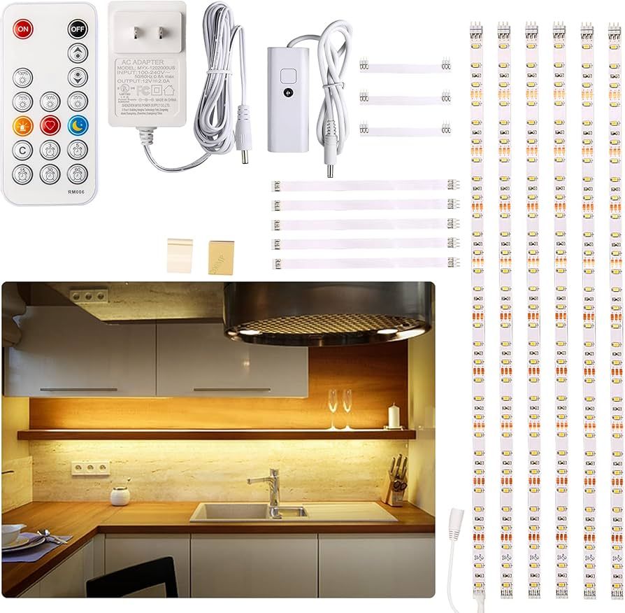 WOBANE Under Cabinet LED Lighting kit, 6 PCS LED Strip Lights with Remote Control Dimmer and Adapter | Amazon (US)