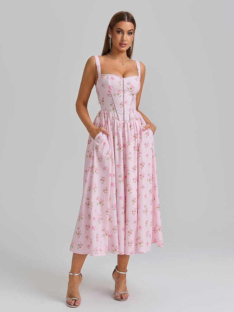 KUTUMAI Floral Corset Midi Dress Flowy Slit Summer Spring Wedding Guest Dresses for Women Sundres... | Amazon (US)