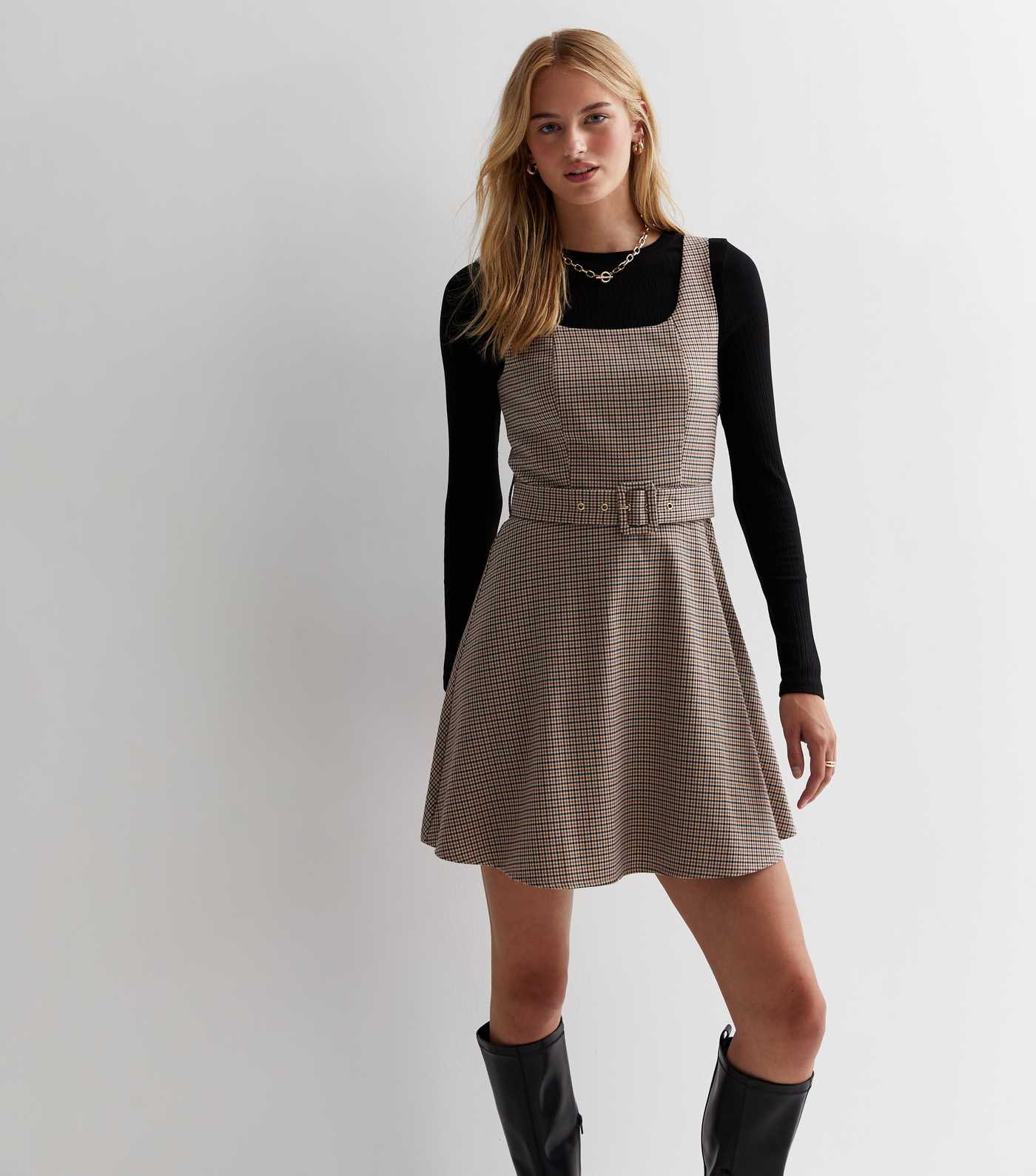 Tall Brown Check Belted Pinafore Mini Dress
						
						Add to Saved Items
						Remove from Sav... | New Look (UK)