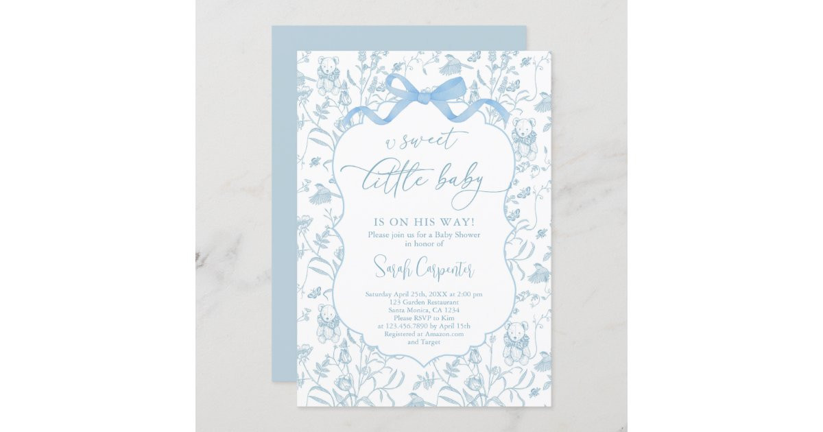 Toile De Jouy Baby Shower blue Bow Boy Invitation | Zazzle | Zazzle