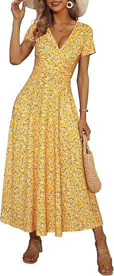 HUHOT Women's Short Sleeve Wrap V Neck Dresses for Wedding Guest Summer Floral Maxi Sundresses wi... | Amazon (US)