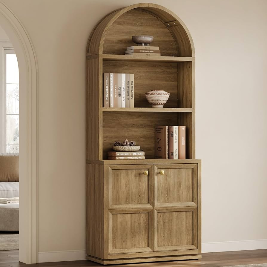 SICOTAS 81" Arched Bookcase with Doors, 5-Tier Modern Farmhouse Bookshelf with Adjustable Shelves... | Amazon (US)