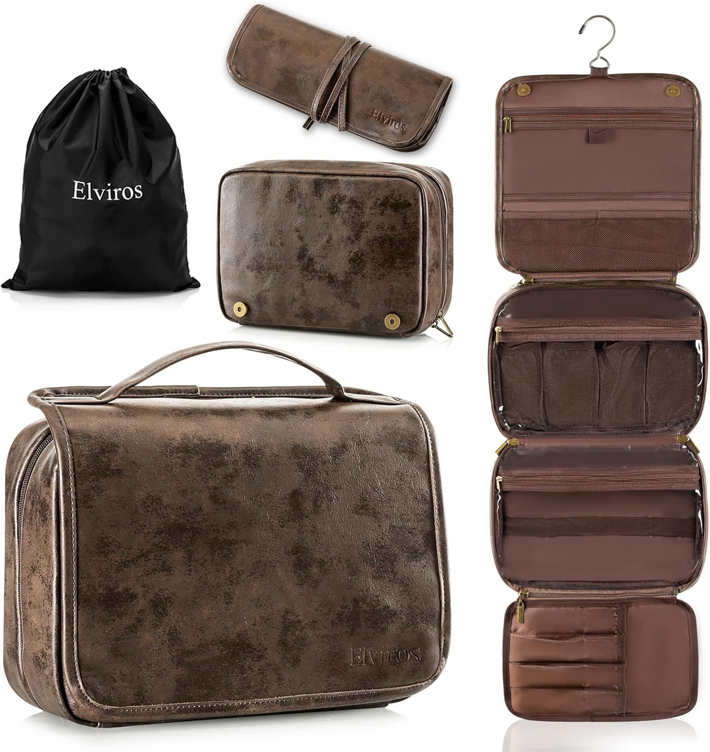 Elviros Hanging Toiletry Bag Removable Travel Bag PU leather Makeup Cosmetic Organizer Kit, Coffe... | Amazon (US)