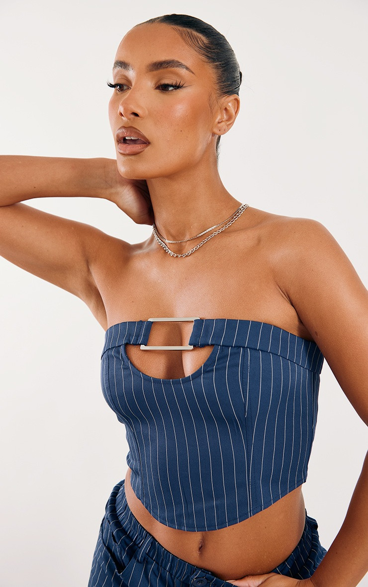 Navy Woven Pinstripe Buckle Detail Corset | PrettyLittleThing US