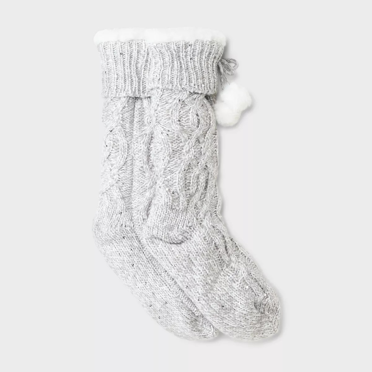 Women's Sequin Cable Faux Shearling Lined Slipper Socks with Faux Fur Poms & Grippers - 4-10 | Target