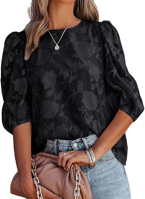Women's Floral Tops 3/4 Puff Sleeve Summer Loose Blouse Shirts Casual Crew Neck Blouses Basic Tun... | Amazon (US)