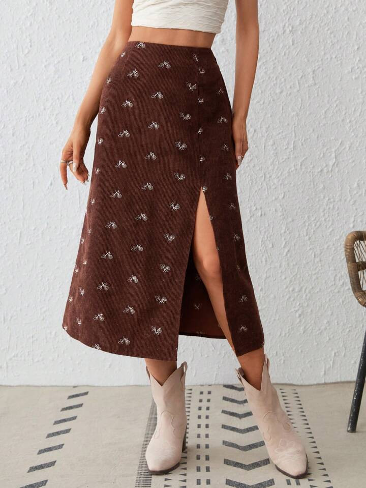 SHEIN VCAY Floral Embroidery Split Thigh Cord Skirt | SHEIN