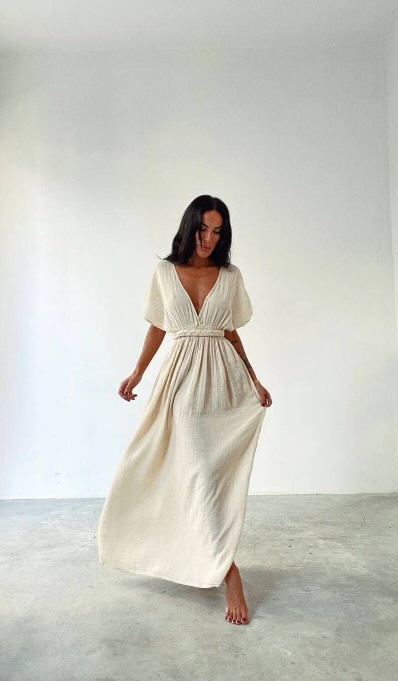 Cotton Beige Deep V Short Sleeve Bohemian Summer Dress Boho | Etsy | Etsy (US)