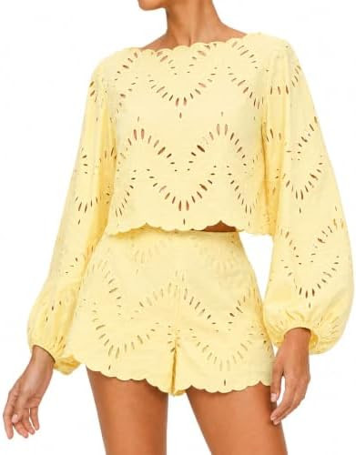 Womens 2 Piece Outfits Eyelet Short Set Boat Neck Lantern Sleeve Top High Waist Shorts Summer Goi... | Amazon (US)
