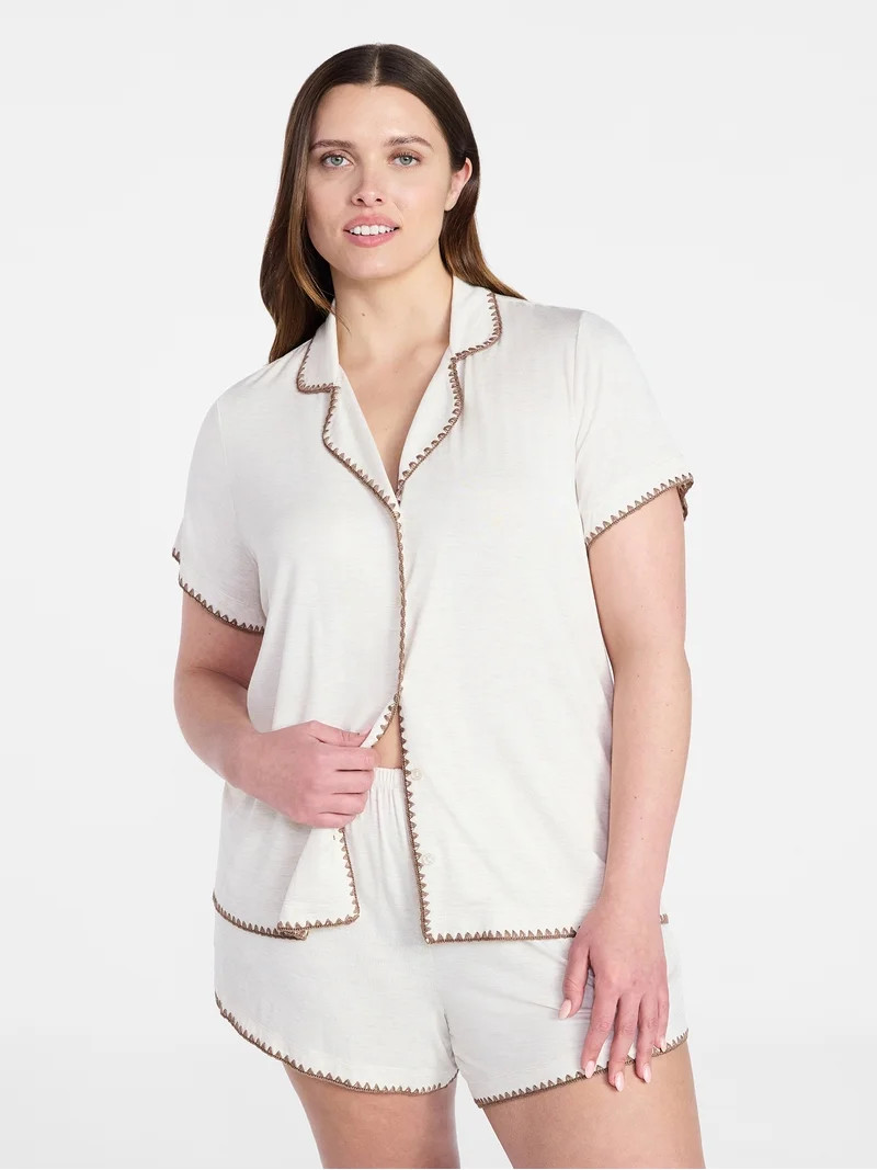 Joyspun Women’s Notch Top and Boxer Shorts Pajama Set with Blanket Stitching, 2-Piece, Sizes XS... | Walmart (US)