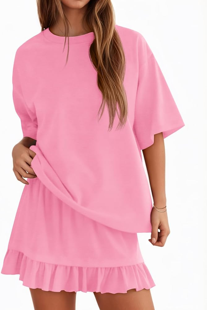 Yousify 2 Piece Skirt Set for Women Summer Vacation Outfits Short Sleeve Crewneck Tops and Casual... | Amazon (US)