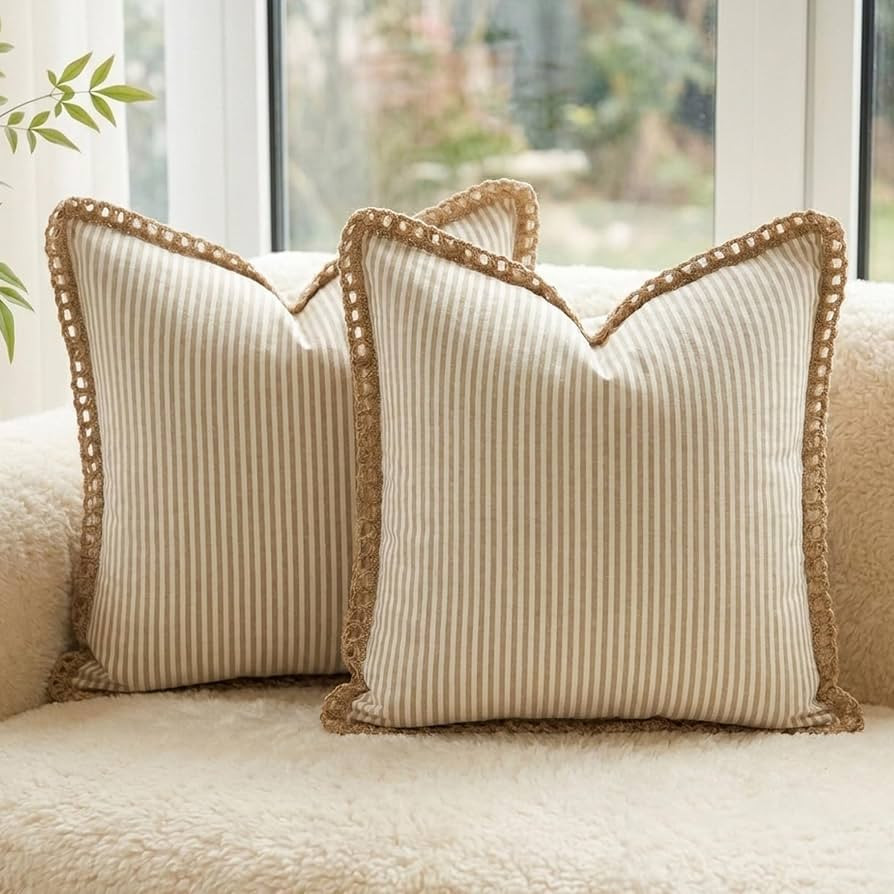 Vintage Brown Striped Pillow Covers 18x18, Fall Outdoor Pillows, Linen Trim | Amazon (US)