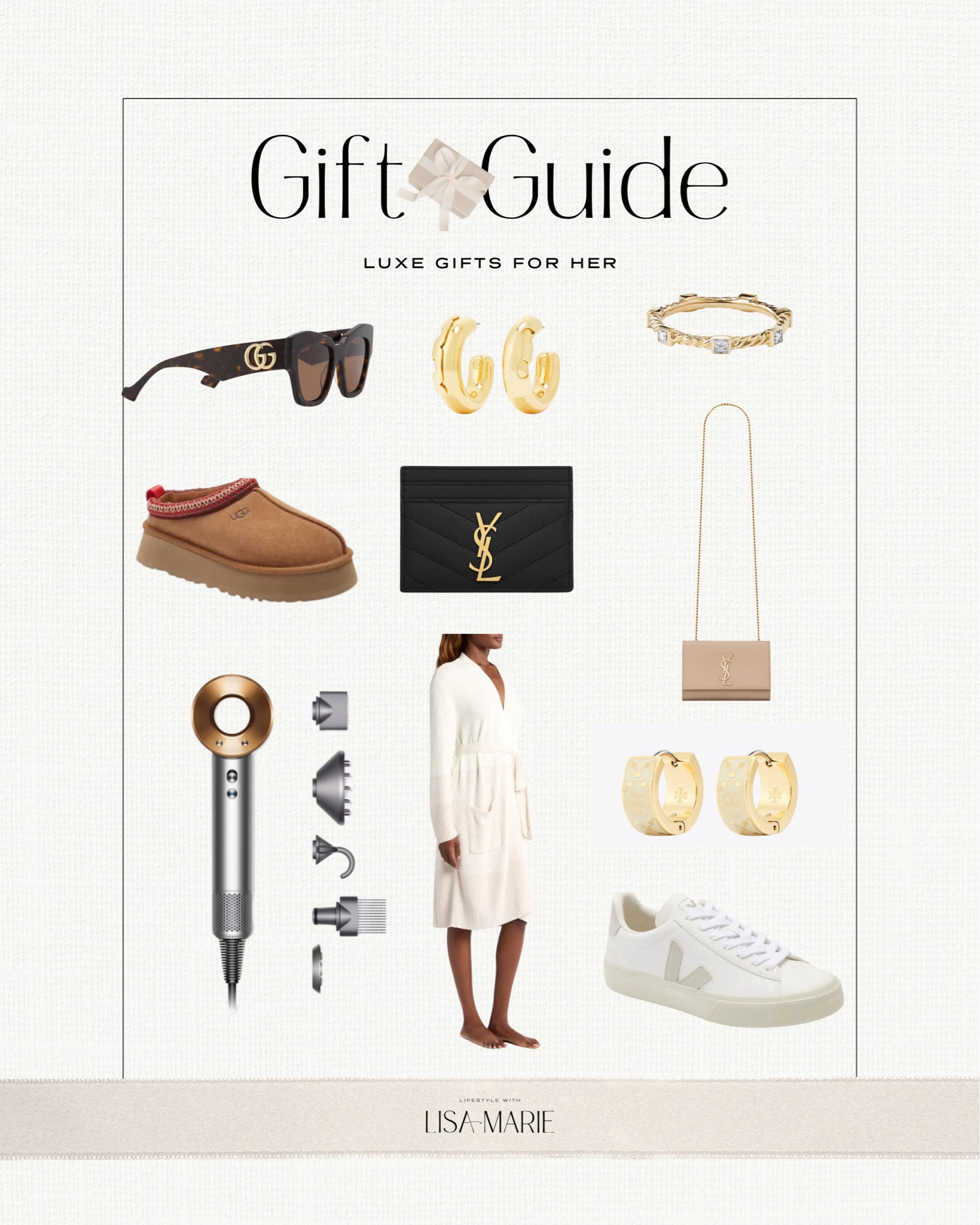 Luxe gifts for her! Gift ideas for wide. Gift ideas for mom. Gift ideas for mother-in-law. Gift ideas for sister-in-law. Ugg slippers. One of my favorite YSL bags I own! Veja campo sneakers - size down if you’re a half size. My David yurman ring I wear every day. Dyson blow dryer - mine is 7 years old so it’s pricey but actually lasts! My Gucci sunglasses. 

#LTKItBag #LTKHoliday #LTKGiftGuide