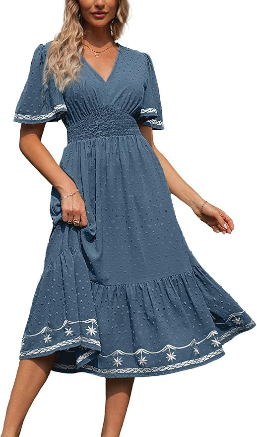 Simplee Women's Casual Floral Chiffon Midi Dress V Neck Empire Waist Flutter Sleeve Summer Boho W... | Amazon (US)