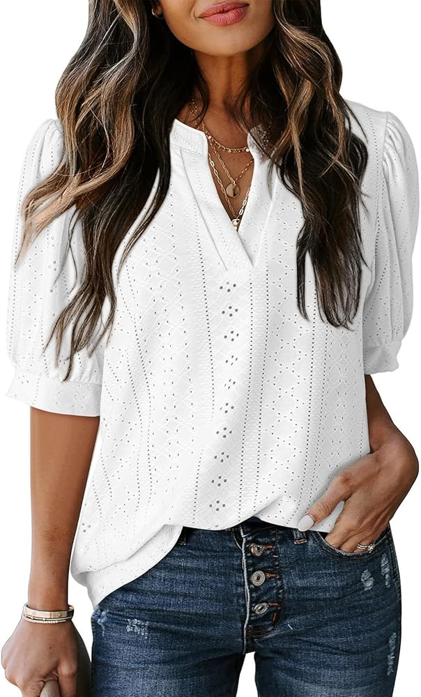 Dokotoo Womens Summer Business Casual Blouses V Neck Short Sleeve Shirts Hollow Out Cute Lace Top... | Amazon (US)