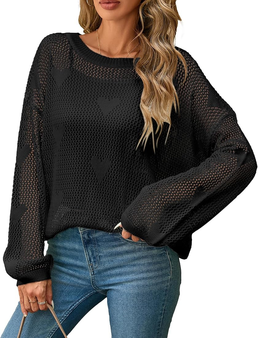 Womens Oversized Cute Crochet Knit Heart Sweater Fall 2024 Lightweight Sexy Hollow Out Crewneck P... | Amazon (US)