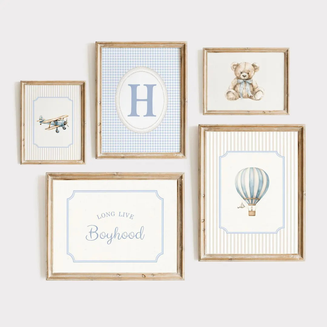 Boy Nursery Wall Art Set, Blue Gingham Boy Initial Wall Art, Vintage Hot Air Balloon Print, Long ... | Etsy (US)