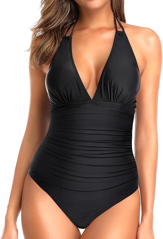 Holipick Women One Piece Swimsuit Tummy Control Halter Bathing Suit Sexy Plunge V Neck Swimwear | Amazon (US)