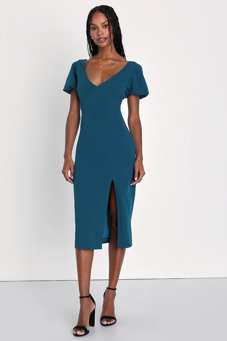 Dark Teal Puff Sleeve Bodycon Midi Dress | Emerald Green Dress | Beach Dresses | Resort Wear 2023 | Lulus (US)