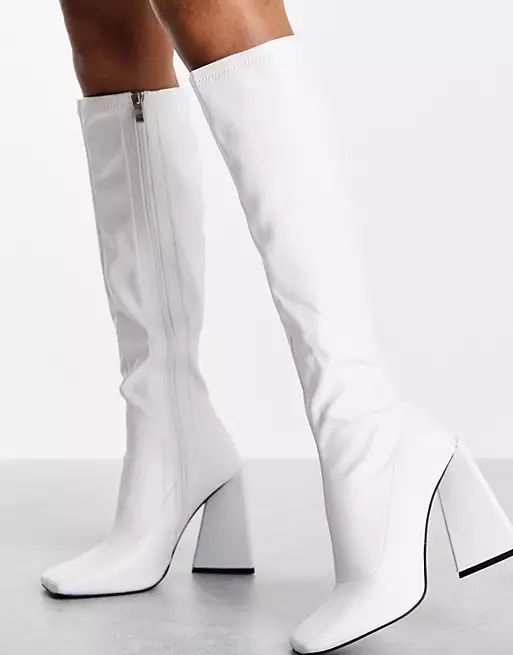 Public Desire Peggy flare heel knee boots in white | ASOS (Global)