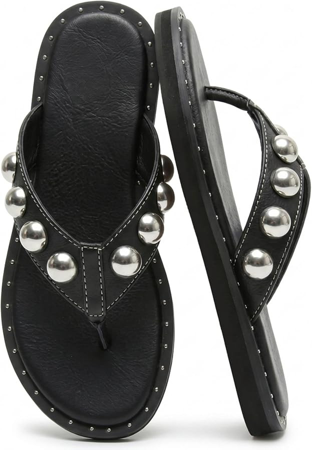Riekhany Studded Thong Sandals for Women Round Clip Toe Slip On Flip Flops Slides Comfortable Con... | Amazon (US)