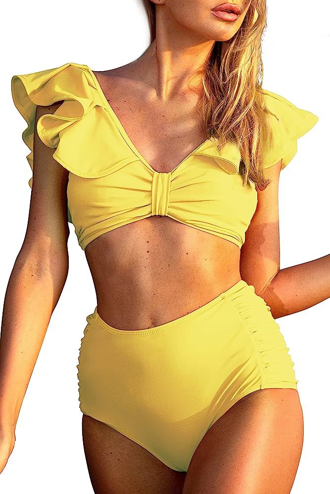 Peddney High Waisted Bikini Sets 2 Piece Ruffled V Neck Bathing Suits Tummy Control Swimsuits for... | Amazon (US)