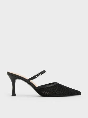 Black Textured Mesh Woven Heeled Mules | CHARLES & KEITH | Charles & Keith US