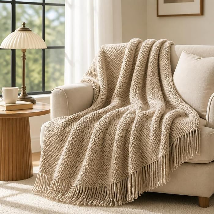 Chunky Throw Blanket with Fringe, Oatmeal Knit Sofa Accent, 50" x 67.7" | Amazon (US)